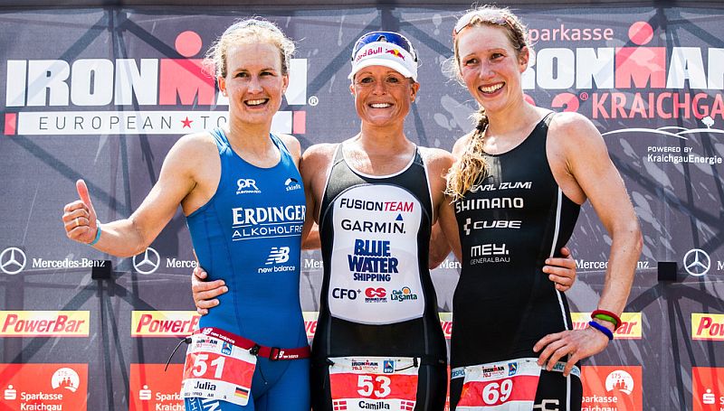 Il podio femminile dell'Ironman 70.3 Kraichgau 2015 vinto dalla danese Camilla Pedersen