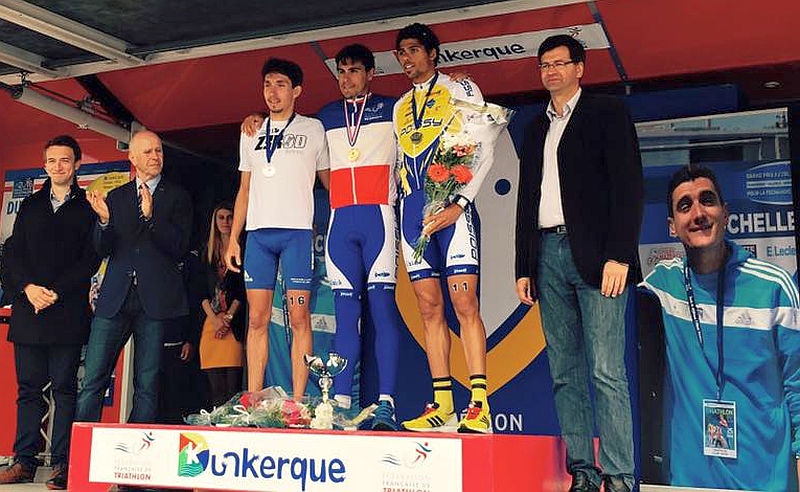 Il podio maschile dei Campionati Francesi di triathlon 2016 a Dunkerque vinti da Anthony Pujades