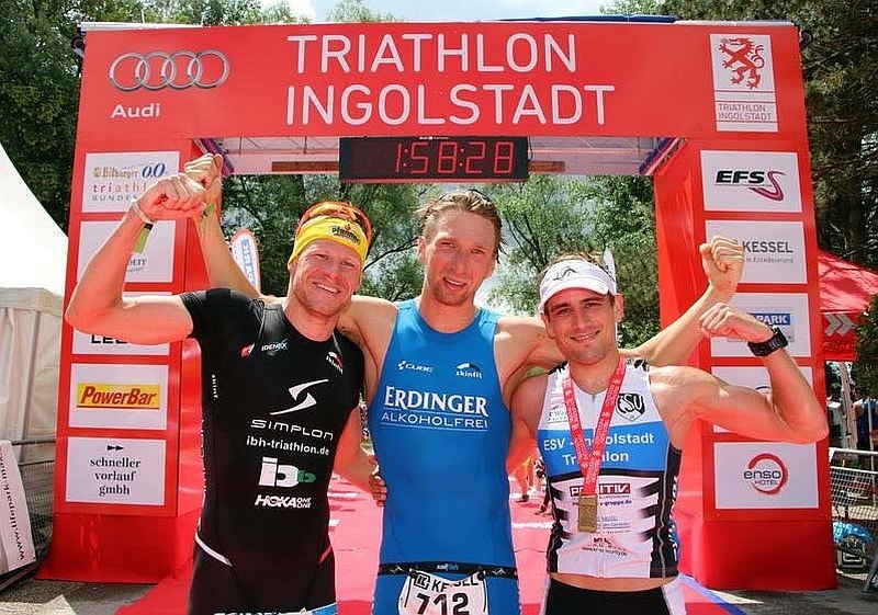 Il podio del triathlon olimpico di Ingolstadt vinto da Nicolas Daimer