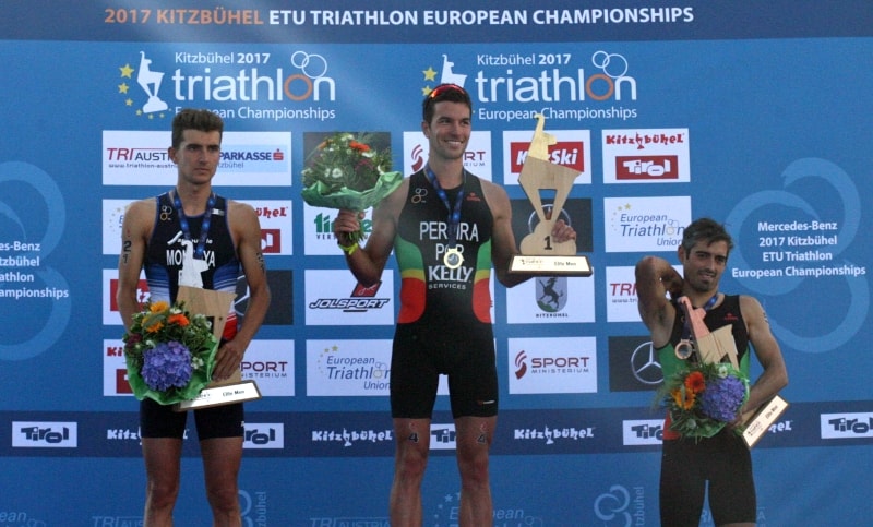 Il podio dei Campionati Europei di triathlon 2017 a Kitzbuhel, vinti dal portoghese Joao Pereira