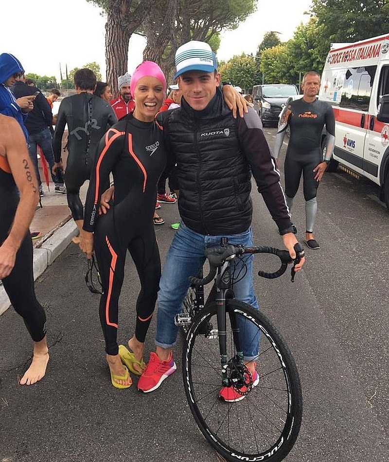 Justine Mattera con Matteo Fontana prima del via del suo 1° triathlon sprint al Kuota TriO Peschiera 2017