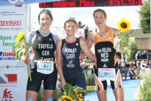 Le top 3 del Powerman Zofingen - ITU Duathlon Long Distance World Championship: Emma Pooley, MiriamVan Reijen e Katrin Esefeld (Foto ©triathlon.org)