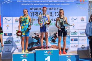 La svedese Amanda Bohlin vince l'Agadir ATU Triathlon African Cup 2017, davanti all'ucraina Yuliya Yelistratova e alla ceca Petra Kurikova (Foto ©Viviane's Logbooklet)