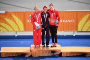 Flora Duffy, oro, ai Giochi del Commonwealth 2018, nella Gold Coast, in Australia, ha vinto l'oro davanti a Jessica Learmonth, argento, e Joanna Brown, bronzo (Foto ©ITU Media / Delly Carr)