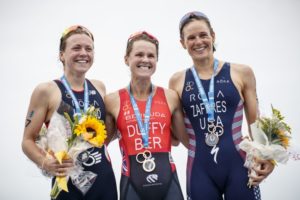 Flora Duffy, sabato 28 aprile 2018, ha vinto l'ITU World Triathlon a Bemuda, davanti alla britannica Vicky Holland e all'americana Katie Zaferes (Foto ©ITU Media / Wagner Arajuio)