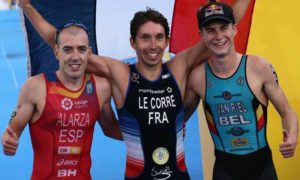 A Glasgow 2018, il francese Pierre Le Corre vince per la prima volta il titolo europeo di triathlon, precedendo lo spagnolo Fernando Alarza e il belga Marten Van Riel (Foto ©ETU Media)