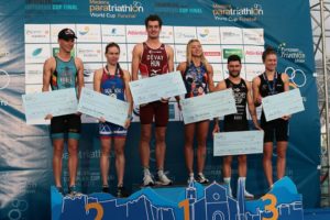 Il podio femminile e maschile dell'ETU Triathlon European Cup 2018.
