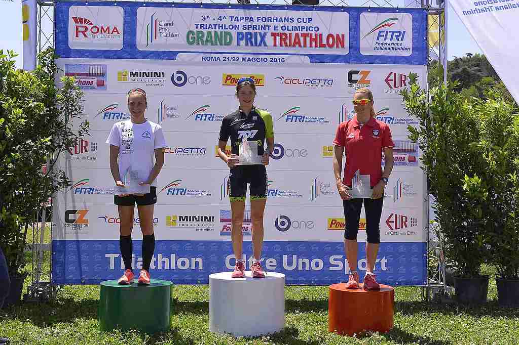 Il podio femminile del Grand Prix Triathlon Roma 2016 vinto da Lisa Perterer