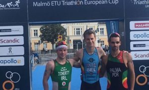 Il podio maschile della Malmo ETU Sprint Triathlon European Cup 2017: Marten Van Riel, Constantine Doherty e Pedro Palma (Foto ©ETU)