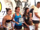 Il podio femminile dell’Aquathlon Solanas 2017: Elisabetta Orrù, Valeria Marras ed Eugenia Arbus (Foto ©Trisinnai)