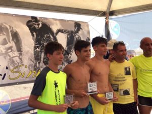 I top tre men dell'Aquathlon Solanas 2017 su distanza supersprint: Riccardo Spanu, Francesco Fanunza e Paolo Piras (Foto ©Trisinnai)