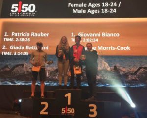 Il podio maschile e femminile cat. 18-24 del 1° 5i50 Cervia Triathlon Emilia Romagna