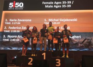 Il podio maschile e femminile cat. 35-39 del 5i50 Cervia Triathlon Emilia Romagna 2017