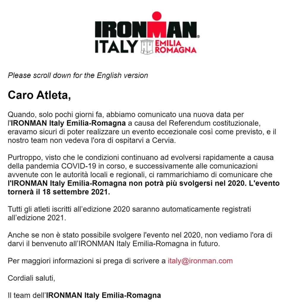 Ironman Italy 2020, la comunicazione agli atleti