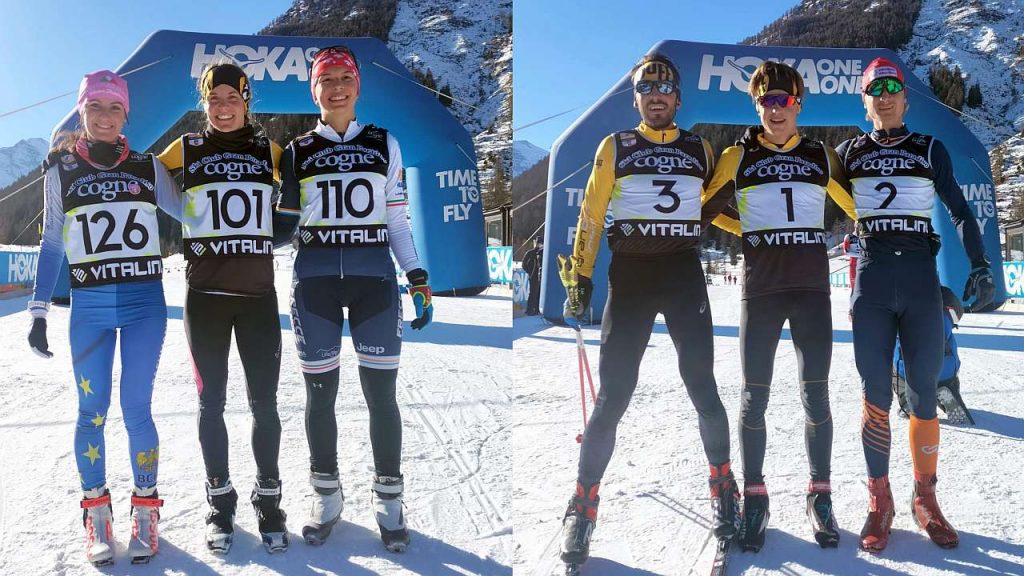 I podi femminili e maschili del Campionato Italiano di Winter Triathlon del 16 gennaio 2022 vinto da Sandra Mairhofer e Franco Pesavento