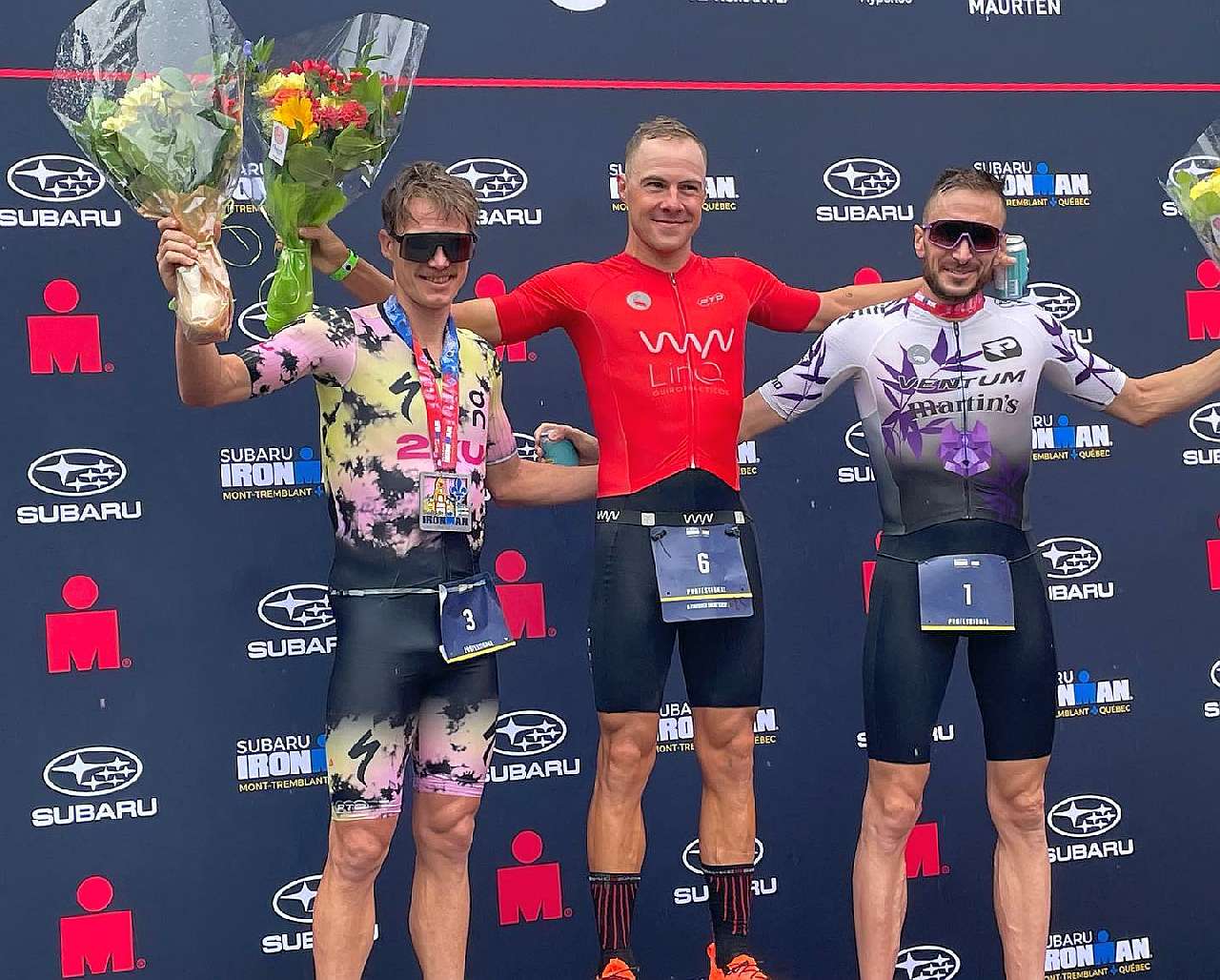 Il podio maschile dell'Ironman Mont-Tremblant 2022 vinto da Collin Chartier