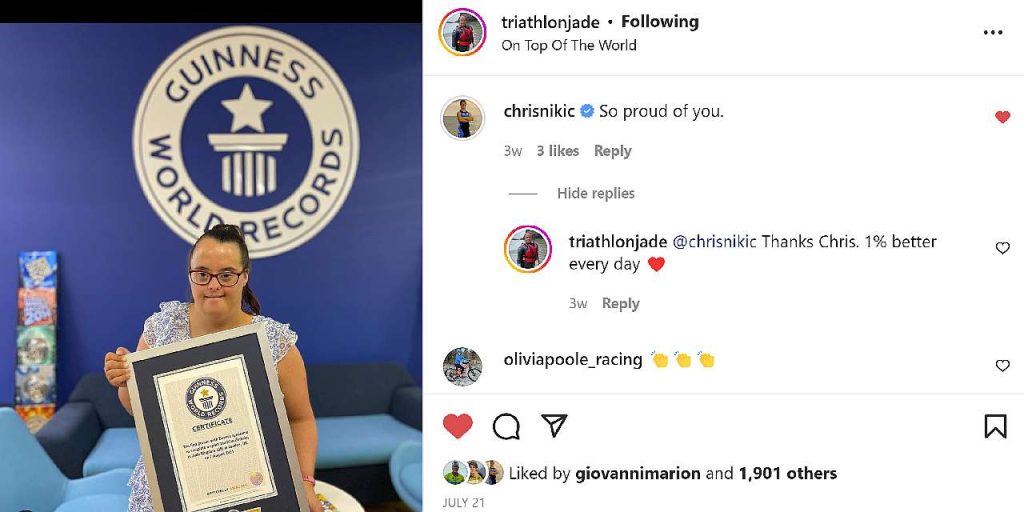 Jade Kingdom entra nel Guinness dei Primati 2022, nei commenti del suo post le congratulazioni del suo amico Chris Nikic
