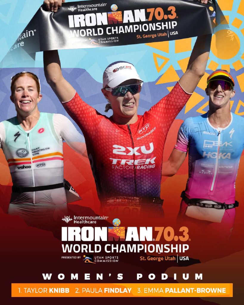 Il podio dell'Ironman 70.3 World Championship 2022: vince Taylor Knibb davanti a Paula Findlay ed Emma Pallant-Browne