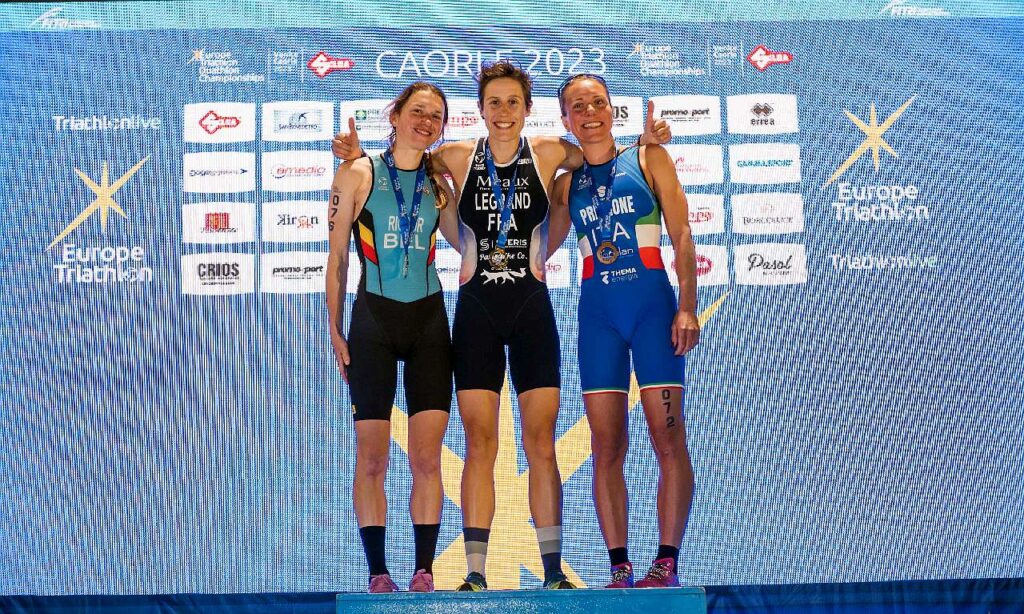 Campionati Europei Duathlon Caorle 2023: podio Elite femminile, vince Marion Legrand, 3^ Giorgia Priarone