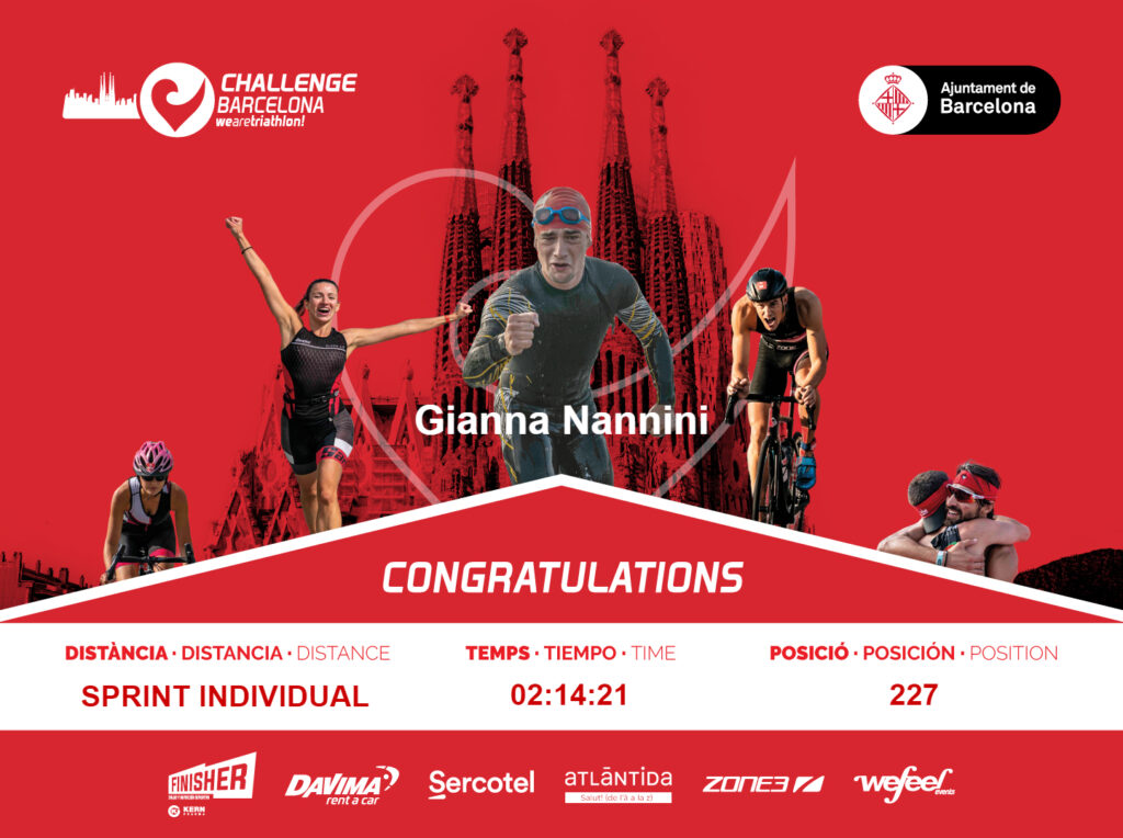 II diploma di finisher al Challenge Barcelona triathlon sprint 2023 di Gianna Nannini